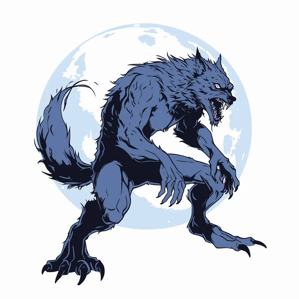 一个孤独的狼人在满月下嚎叫 一个寒冷的万圣节场景 病媒图解 — 图库矢量图片