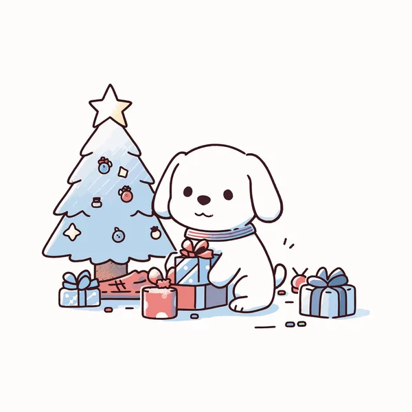 Cachorrinho Desembrulhar Presente Debaixo Árvore Natal Ilustração Vetorial — Vetor de Stock