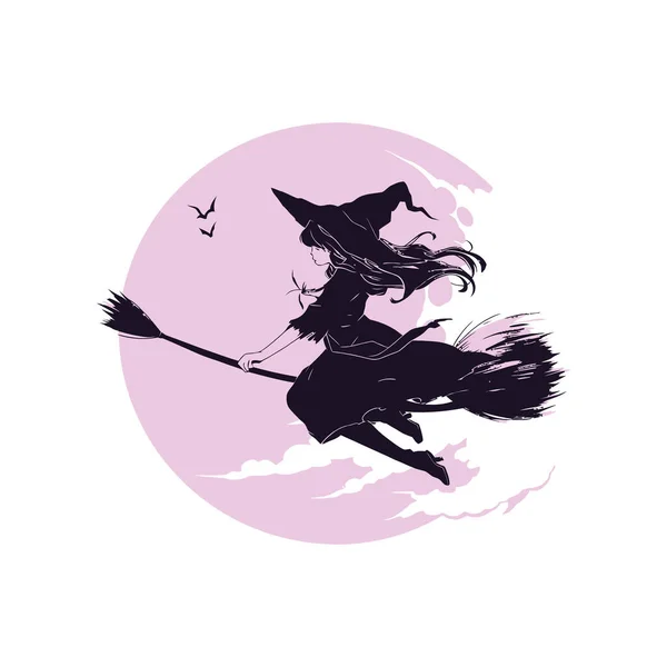 Witch Flying Full Moon Her Broomstick Halloween Night Vector Illustration — Stock Vector