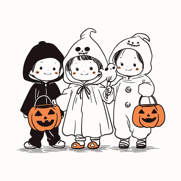 Children Trick Treating Homemade Costumes Crisp Halloween Night Vector Illustration — Stock Vector