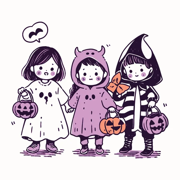 Los Niños Engañan Tratan Con Disfraces Caseros Una Noche Halloween — Archivo Imágenes Vectoriales
