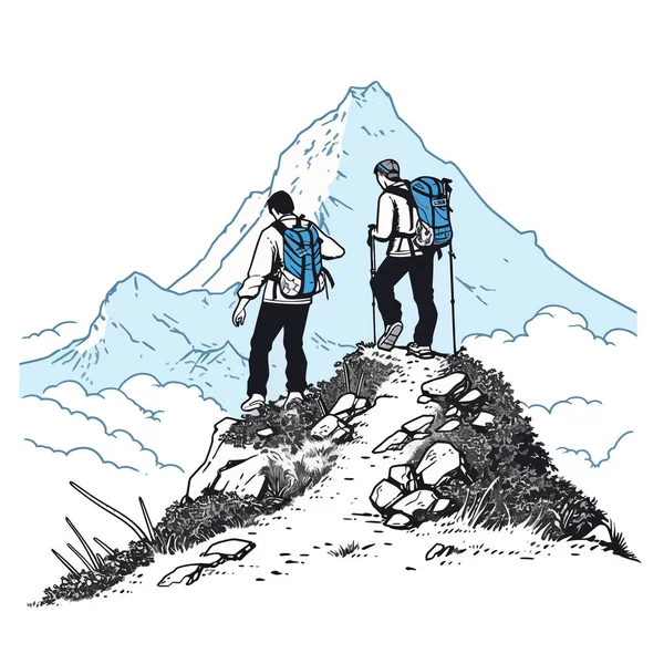 Vandrare Och Guide Utforska Naturskön Bergsled Minimalistisk Vektor Illustration Royaltyfria Stockvektorer