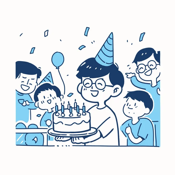 Ein Junge Öffnet Aufgeregt Ein Geburtstagsgeschenk Auf Einer Party Vektor Stockillustration