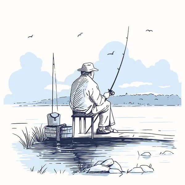Huzurlu Gölün Kenarında Sabırla Bekleyen Bir Balıkçı Vektör Çizimi Vektör Grafikler