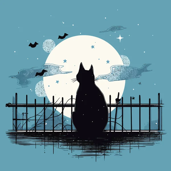 黒い猫が柵の上に座っていて そのシルエットは月明かりの空に対して際立っています ベクターイラスト ベクターグラフィックス