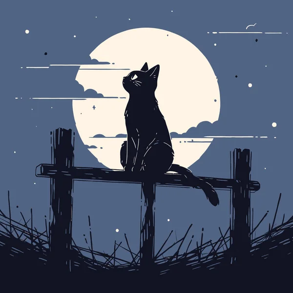 黒い猫が柵の上に座っていて そのシルエットは月明かりの空に対して際立っています ベクターイラスト ロイヤリティフリーのストックイラスト