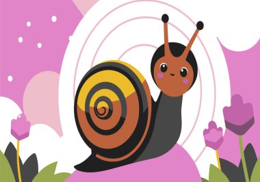A cheerful snail character explores a vibrant garden scene, with flowers in the backdrop. clipart