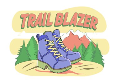 Sarı ayakkabı bağcığı olan mavi bir yürüyüş botu. Botlar dağda, arka plan ise orman.
