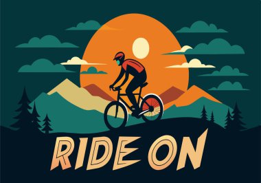 Bir adam dağlık bir alanda bisiklet sürüyor. Görüntünün adı Ride On. Adam kask takıyor ve bisiklet sürüyor.