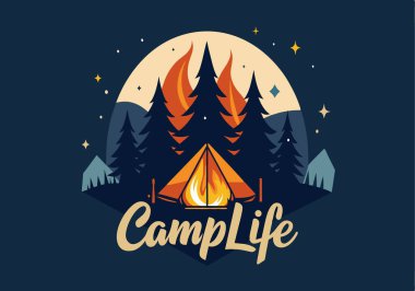 A blue poster with a campfire and trees on it. The text reads 