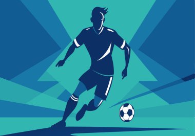 Bir futbolcu sahada bir futbol topunu tekmeliyor. Görüntü, canlı ve enerjik bir ruh hali veren mavi ve yeşil bir renk şemasına sahiptir.