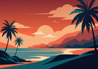 Palmiye ağaçları ve mavi bir okyanusla güzel bir sahil sahnesi. Gökyüzü turuncu ve güneş batıyor.