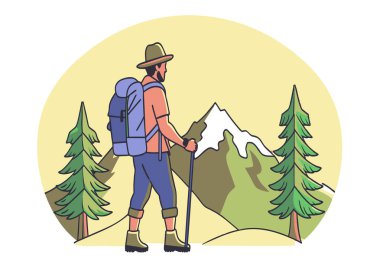 A man is walking in the woods with a backpack and a hat on. He is looking up at the mountains in the distance clipart