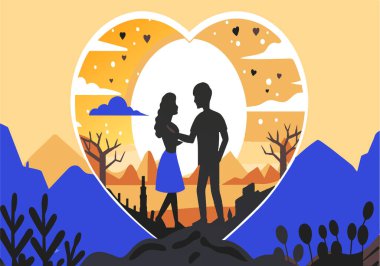 Arka planda kalbi olan bir çift ormanda yürüyor. Sahne romantik ve huzurlu.