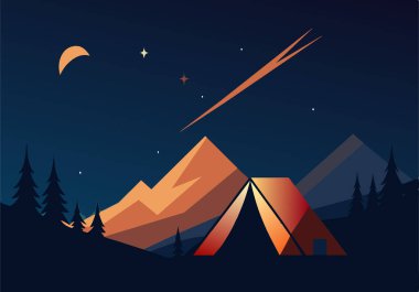 Önünde çadır ve kamp ateşi olan bir dağ sırası. Gökyüzü karanlık ve yıldızlar parlıyor.