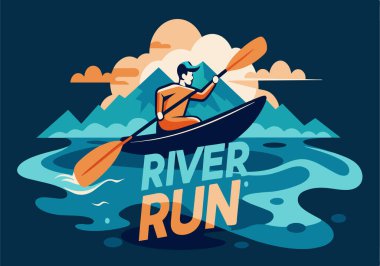Nehirde kano süren bir adam. Görüntünün adı River Run. Adam kırmızı bir gömlek giyiyor.