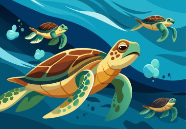 Bir kaplumbağa diğer üç kaplumbağayla birlikte okyanusta yüzüyor. Sahne huzurlu ve huzurlu. Kaplumbağalar suda zarifçe ilerliyorlar.