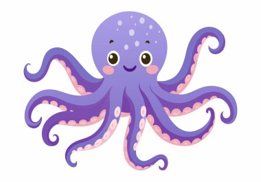 Yüzünde kocaman bir gülümseme olan bir ahtapot çizgi filmi. Ahtapot mordur ve pembe çizgileri vardır.