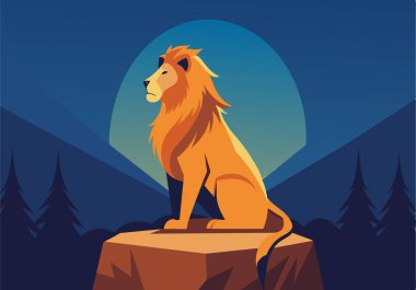 Bir aslan ayın önündeki bir kayanın üzerinde oturuyor. Aslan savaşmadığı ya da tehlikede olmadığı için görüntü sakin ve huzurlu bir ruh haline sahip.