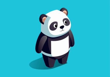 Mavi arka planda duran bir karikatür panda. Panda siyah beyaz bir kıyafet giyiyor.
