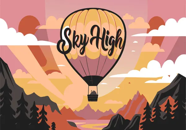 stock vector A colorful poster of a hot air balloon with the words Sky High written in a cursive font