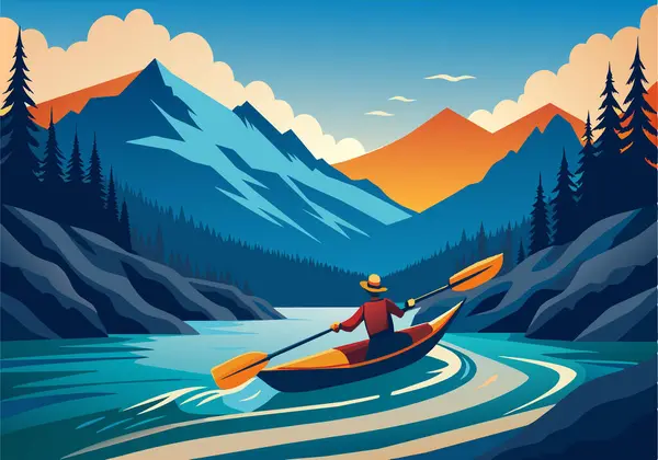 stock vector A man in a red hat paddles a canoe down a river in a mountainous area. The scene is serene and peaceful, with the man enjoying the beauty of nature as he navigates the waterway