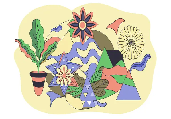 Stock vector A colorful drawing of flowers, mountains, and a plant. The drawing is abstract and has a whimsical, playful feel to it