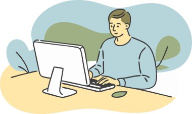 Önünde bilgisayar monitörü olan bir adam masada oturuyor. O klavyede yazıyor.