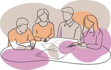 Bir grup insan elinde kalemle bir masanın etrafında oturuyorlar. Halk bir proje veya tartışma üzerinde birlikte çalıştığı için, işbirliği ve takım çalışması kavramı