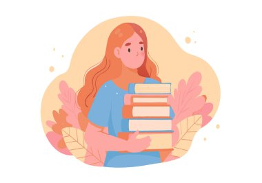 Bir kadın bir yığın kitap tutuyor. Kitaplar farklı boyutlarda ve üst üste istiflenmiş. Kadın kitapları bir amaç ve kararlılıkla taşıyor.