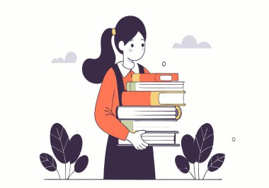 Bir kız bir yığın kitap tutuyor. Kitaplar farklı boyutlarda ve renklerde. Kız kırmızı bir gömlek ve siyah bir etek giyiyor. Sahne, arka planda ağaçlar ve çalılar olan bir parkta geçiyor.