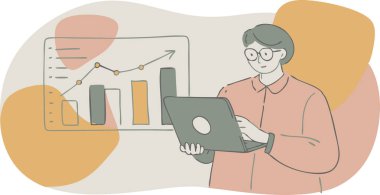 Bir kadın grafiğin önünde dizüstü bilgisayar kullanıyor. Grafik, pozitif bir eğilim ya da büyüme gösterebilecek bir çizgi gösteriyor. Kadın işine odaklanmış.