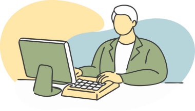 Önünde bilgisayar monitörü olan bir adam masada oturuyor. O klavyede yazıyor.
