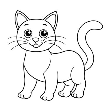 Beyaz bir arka planın önünde bir kedi duruyor. Kedi gülümsüyor ve kameraya bakıyor.