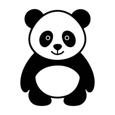 Yüzünde bir gülümseme olan siyah beyaz bir panda. Ayı bacaklarını açmış kameraya bakıyor.