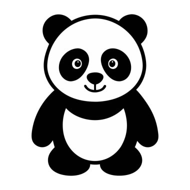Yüzünde bir gülümseme olan siyah beyaz bir panda. Ayı dik duruyor ve kameraya bakıyor.