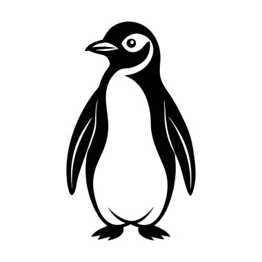 Beyaz arka planda bir penguen duruyor. Penguen kameraya bakıyor.