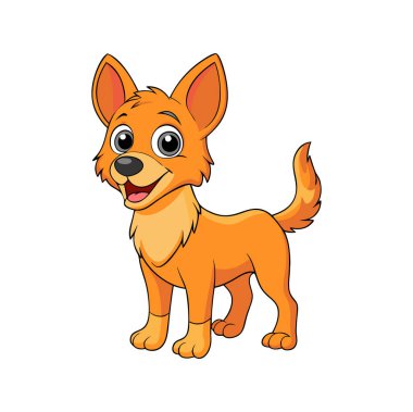 Mutlu turuncu bir köpeğin neşeli bir ifadeyle ayakta durup gülümsemesinin renkli bir çizimi.