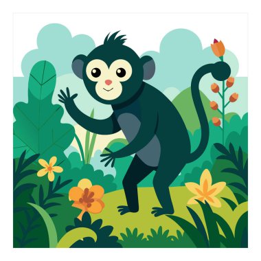 Tapılası resimli çizgi film maymunu gür yeşillik ve renkli çiçeklerle dolu canlı bir orman ortamında el sallıyor. Çocuk kitapları, eğitim materyalleri ve eğlenceli tasarımlar için mükemmel..
