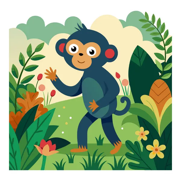 Yeşil bitkiler, çiçekler ve yapraklarla çevrili canlı bir ormanda yürüyen sevimli çizgi film maymunu neşeli, kaprisli ve eğlenceli bir atmosferi çağrıştırıyor..