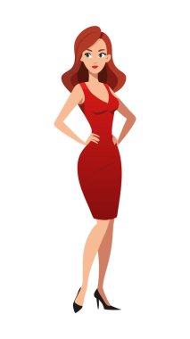 Kırmızı elbiseli, kendine güvenen, sırıtan zarif bir kadın. Şık ve kendine güvenen bir karakteri tasvir eden karikatür çizimi.