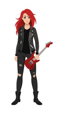 Siyah deri ceketli animasyon bayan rockçı elinde kırmızı elektro gitar, punk tarzı kıyafetleri ve kızıl saçlarıyla kendinden emin..