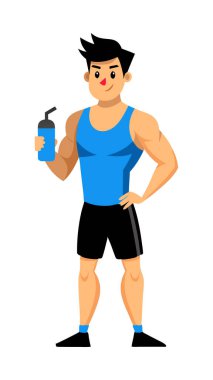 Elinde su şişesi tutan, spor, sağlık ve dayanıklılık temalarını vurgulayan atletik giysili bir adamın vektör çizimi.