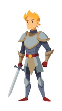 Gri zırhlı ve elinde kılıç tutan beyaz bir arka planda duran genç bir şövalyenin karikatür çizimi.
