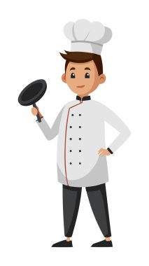 Illustration of a cartoon chef character holding a frying pan, wearing a white uniform and chef hat, ready to cook. clipart