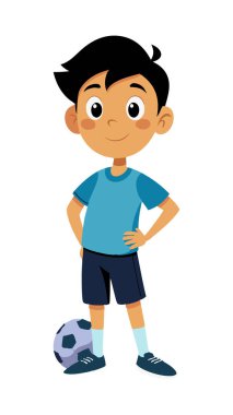 Elinde futbol topu olan ve oynamaya hazır neşeli bir gencin canlandırması. Mavi bir kıyafet giymiş, spor ve eğlenceli bir hava sergiliyor..