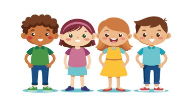 Dört farklı çocuğun bir arada durup gülümsediği mutlu bir grubun tasviri. Eğitim, aile ve arkadaşlık temaları için mükemmel.