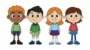 Mutlu çocukların yan yana durduğu renkli çizgi film çizimleri. Beyaz bir arka planda gülen yüzlü bir grup kız ve erkek..