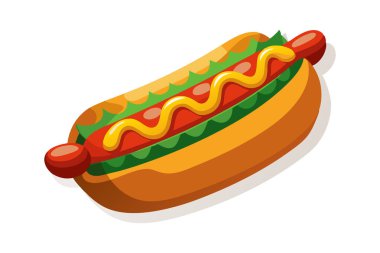 Hardallı ve ketçaplı sosisli sandviçin renkli bir çizimi. Yemek ve fast food tasarımları için mükemmel..