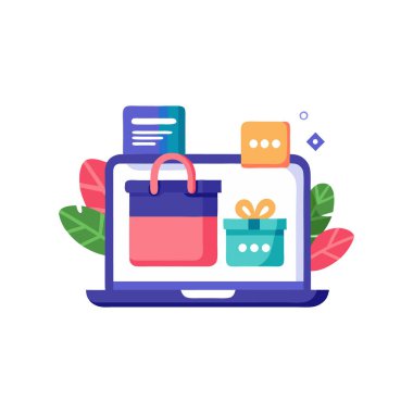 Resimler canlı renkler, alışveriş torbaları ve hediye kutularını bir dizüstü bilgisayar ekranında gösteren online alışveriş kavramını gösteriyor.